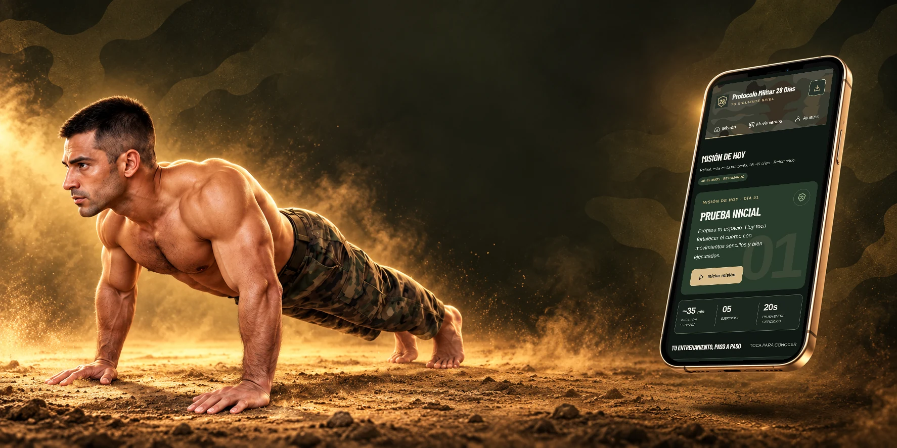 Soldado con pantalón militar haciendo flexiones y la aplicación Protocolo Militar 28 Días en el celular