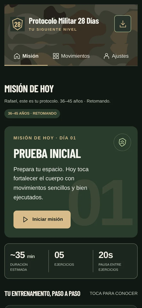 Pantalla de Protocolo Militar 28 Días