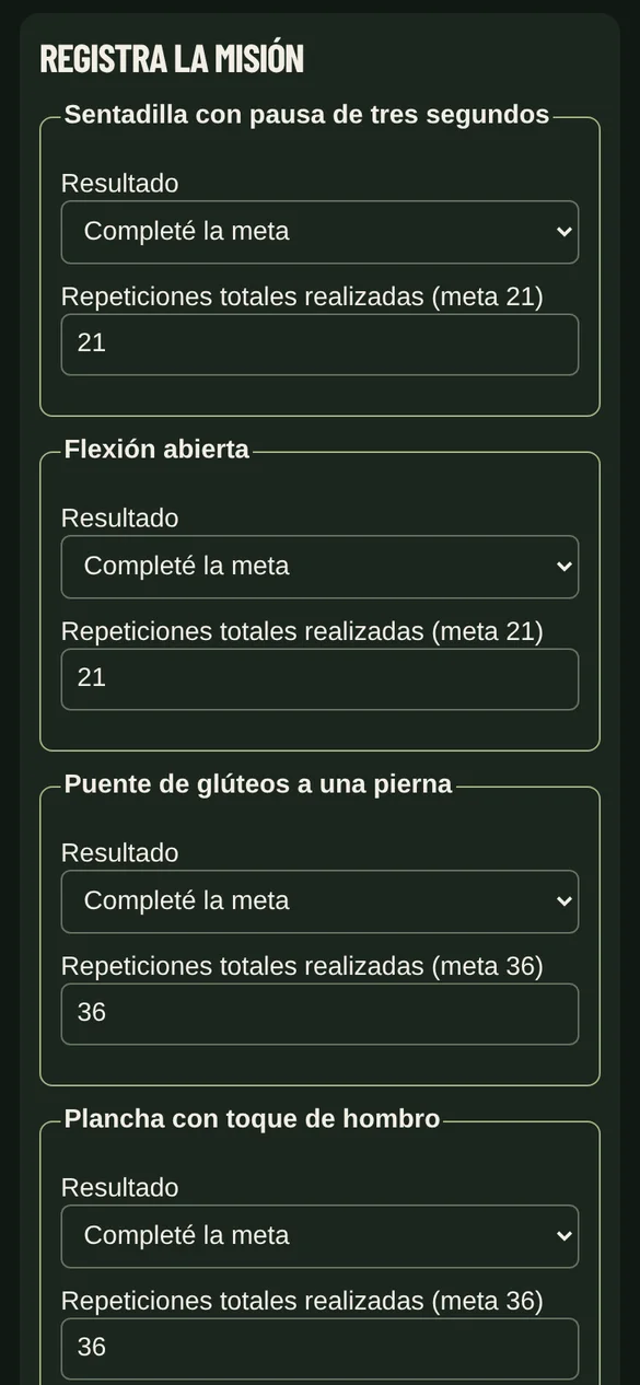 Pantalla real: registro de la misión