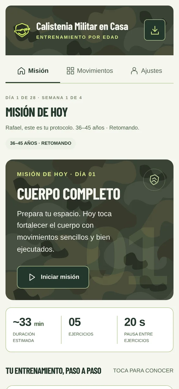 Pantalla de Calistenia Militar en Casa
